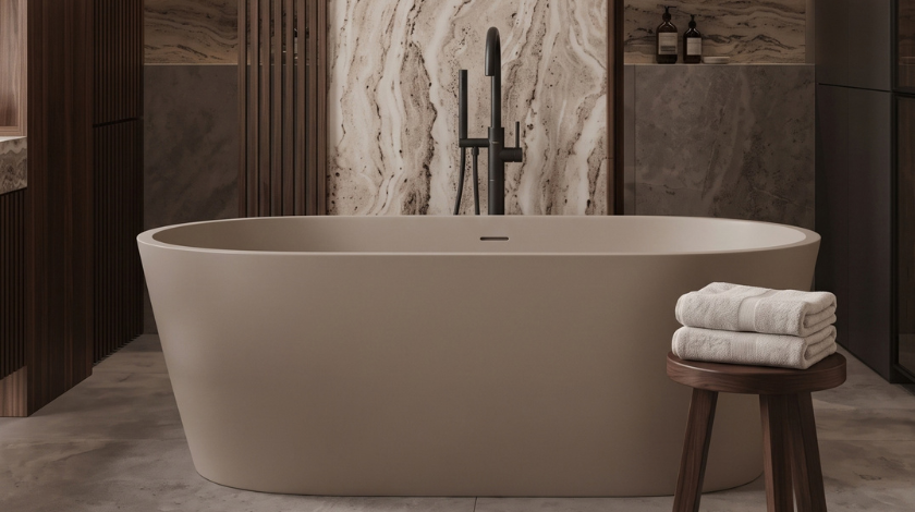 Wanna wolnostojąca VALIA Solid Surface Cashmere Dune z syfonem i korkiem