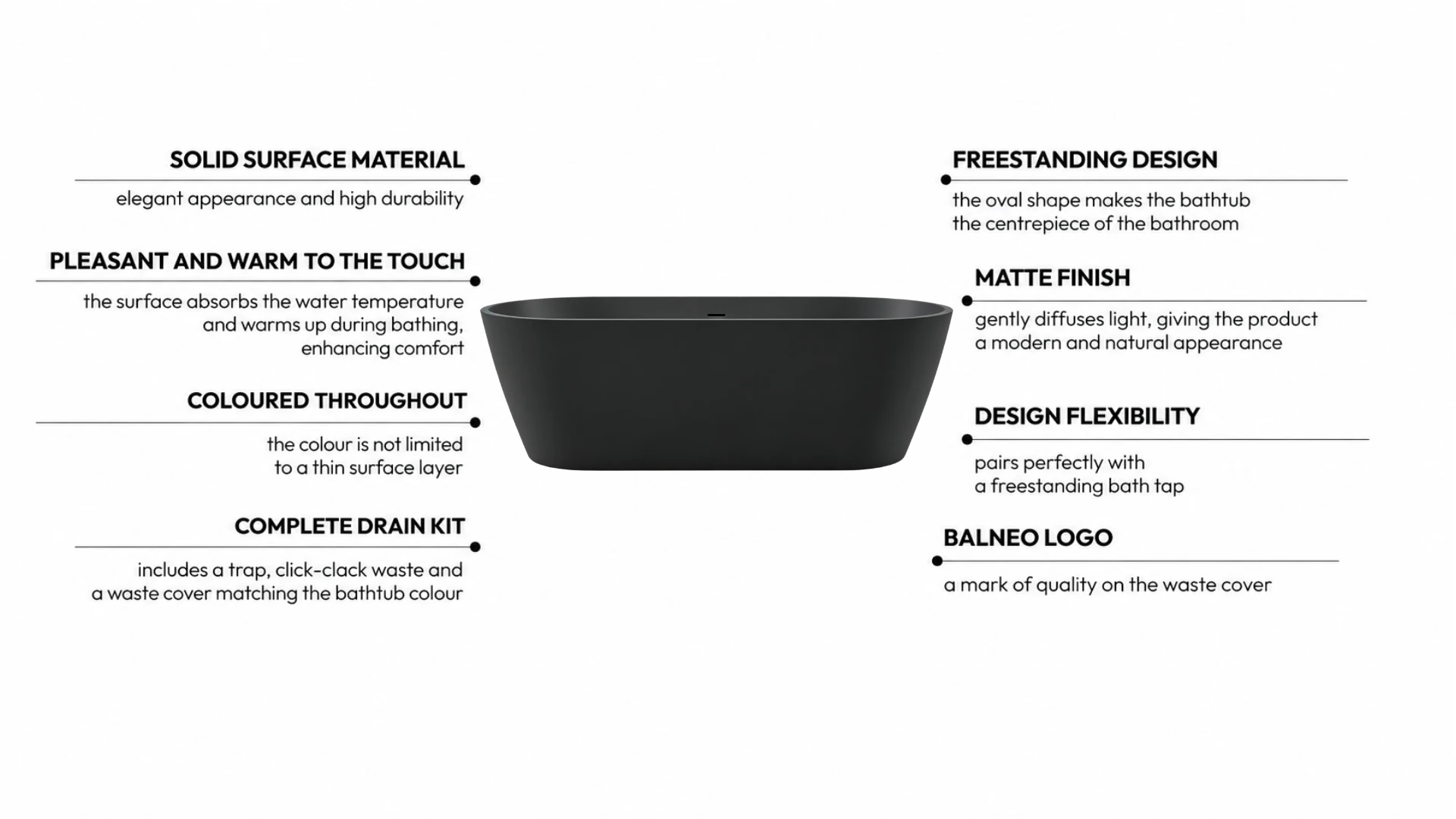 Freestanding bathtub VALIA Solid Surface Carbon Black with waste trap and click-clack waste