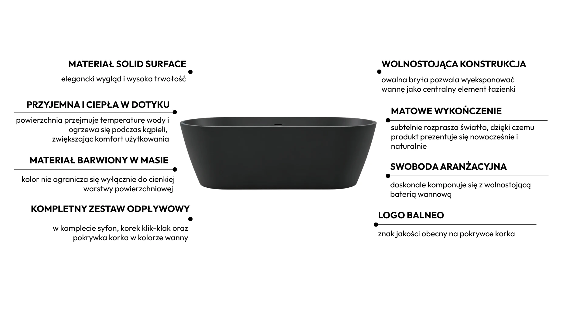 Wanna wolnostojąca VALIA Solid Surface Carbon Black z syfonem i korkiem