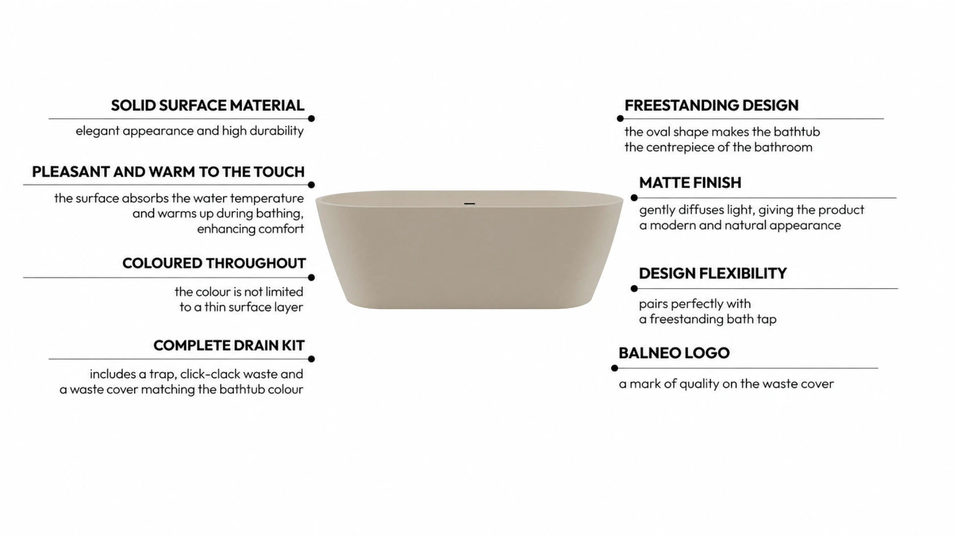 Freestanding bathtub VALIA Solid Surface Cashmere Dune with waste trap and click-clack waste