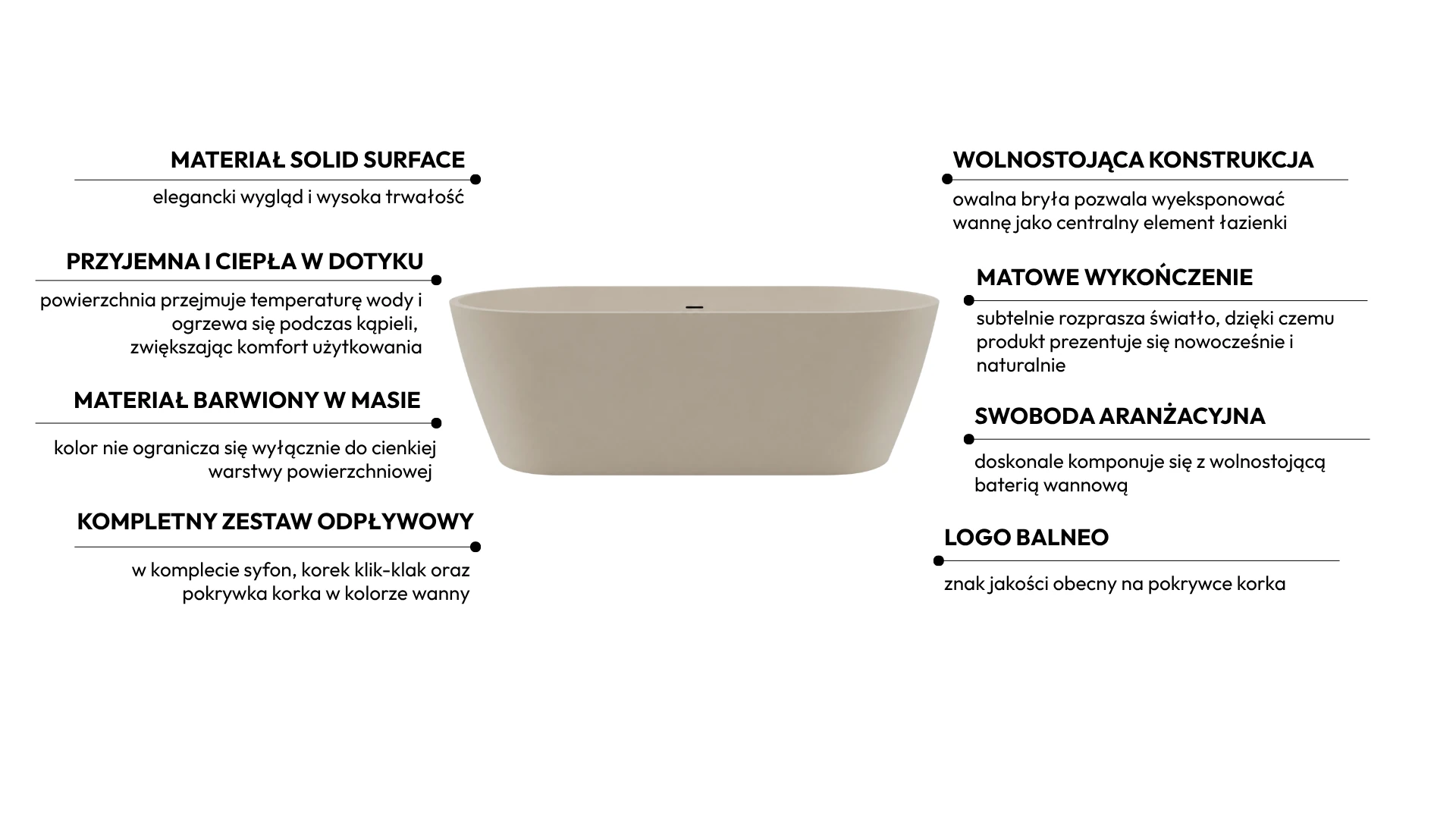 Wanna wolnostojąca VALIA Solid Surface Cashmere Dune z syfonem i korkiem