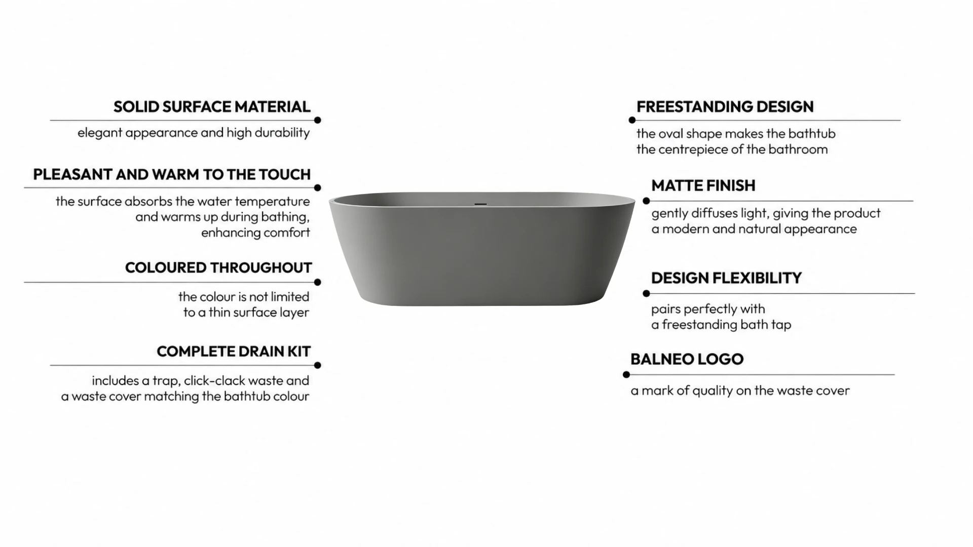 Freestanding bathtub VALIA Solid Surface Cemento Raw with waste trap and click-clack waste