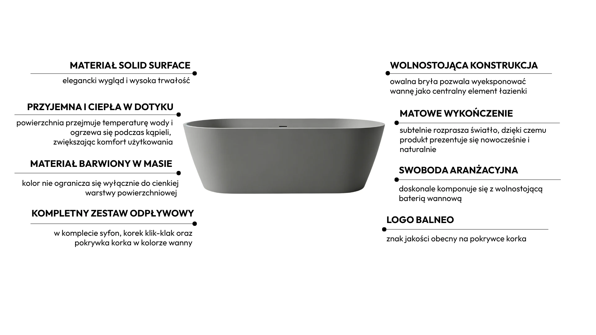Wanna wolnostojąca VALIA Solid Surface Cemento Raw z syfonem i korkiem