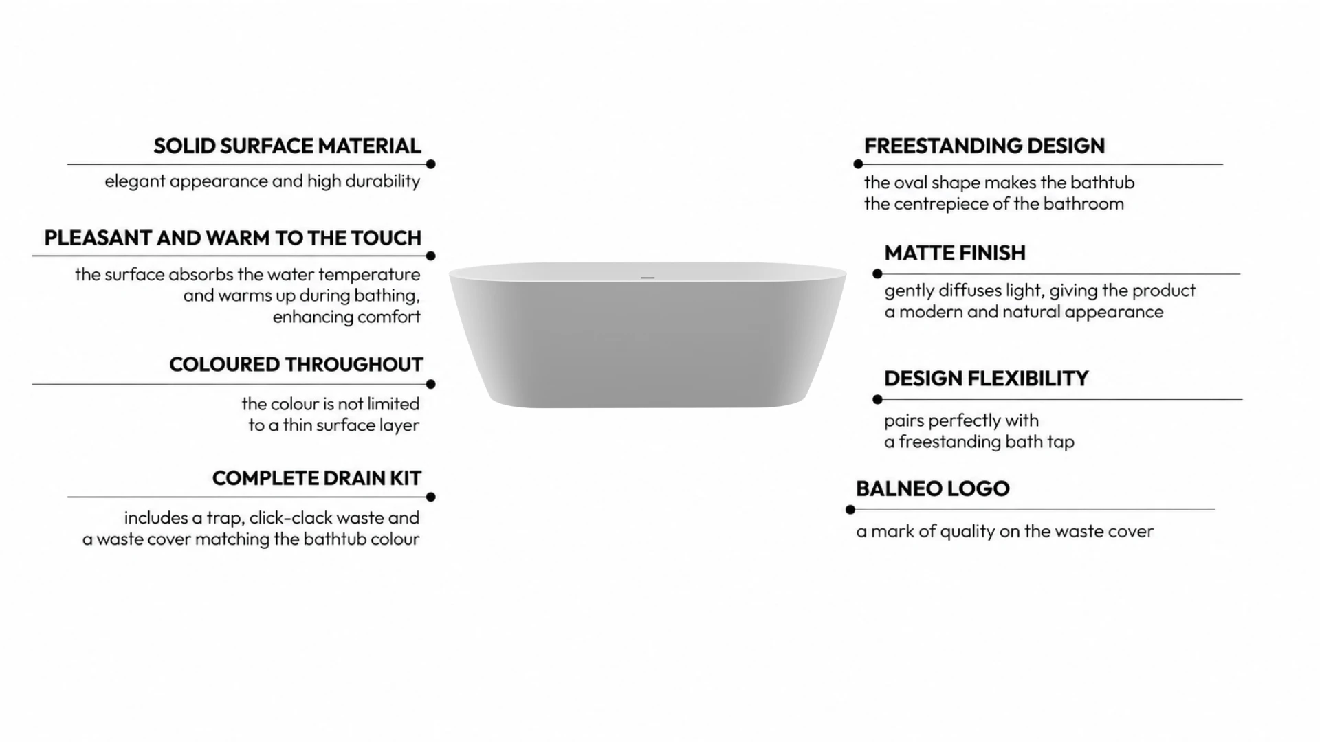 Freestanding bathtub VALIA Solid Surface Coco White with waste trap and click-clack waste