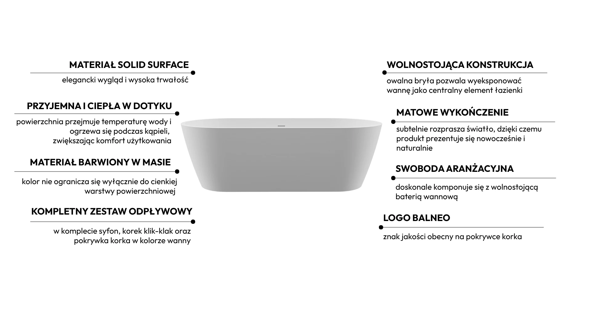 Wanna wolnostojąca VALIA Solid Surface Coco White z syfonem i korkiem