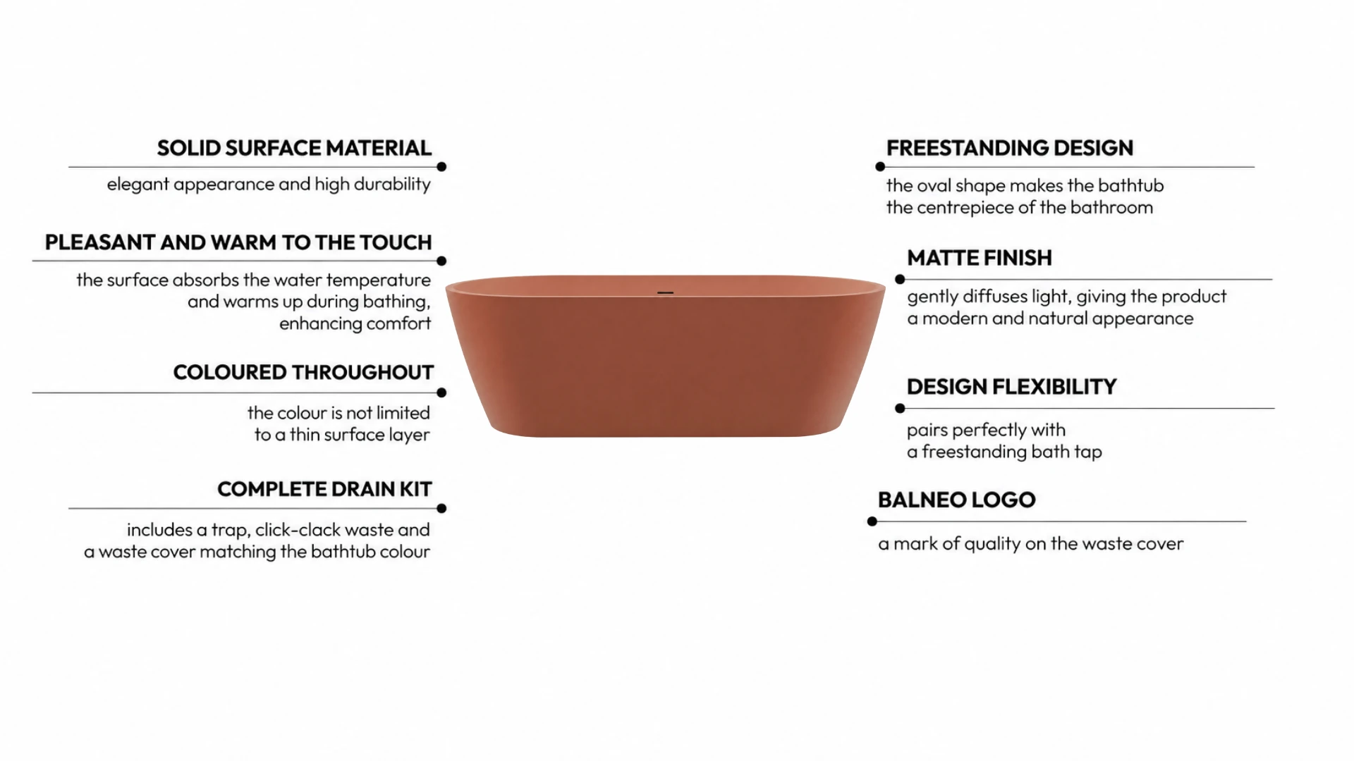 Freestanding bathtub VALIA Solid Surface Cotto Antico with waste trap and click-clack waste