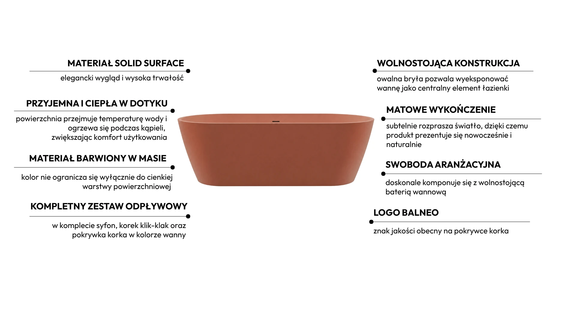 Wanna wolnostojąca VALIA Solid Surface Cotto Antico z syfonem i korkiem