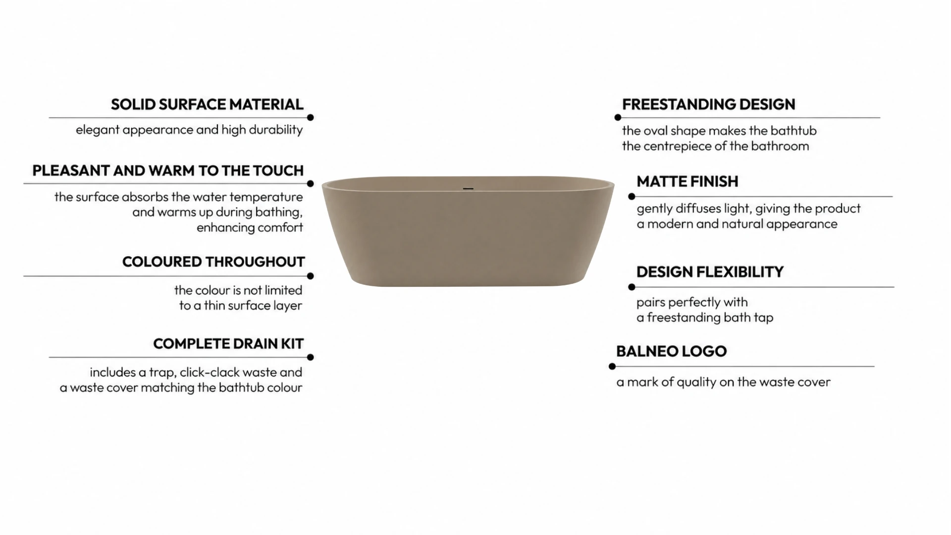 Freestanding bathtub VALIA Solid Surface Mocca Mousse with waste trap and click-clack waste