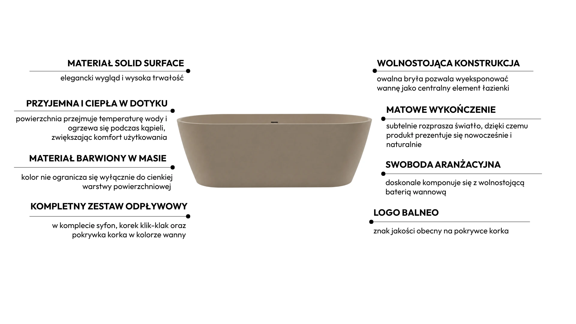 Wanna wolnostojąca VALIA Solid Surface Mocca Mousse z syfonem i korkiem