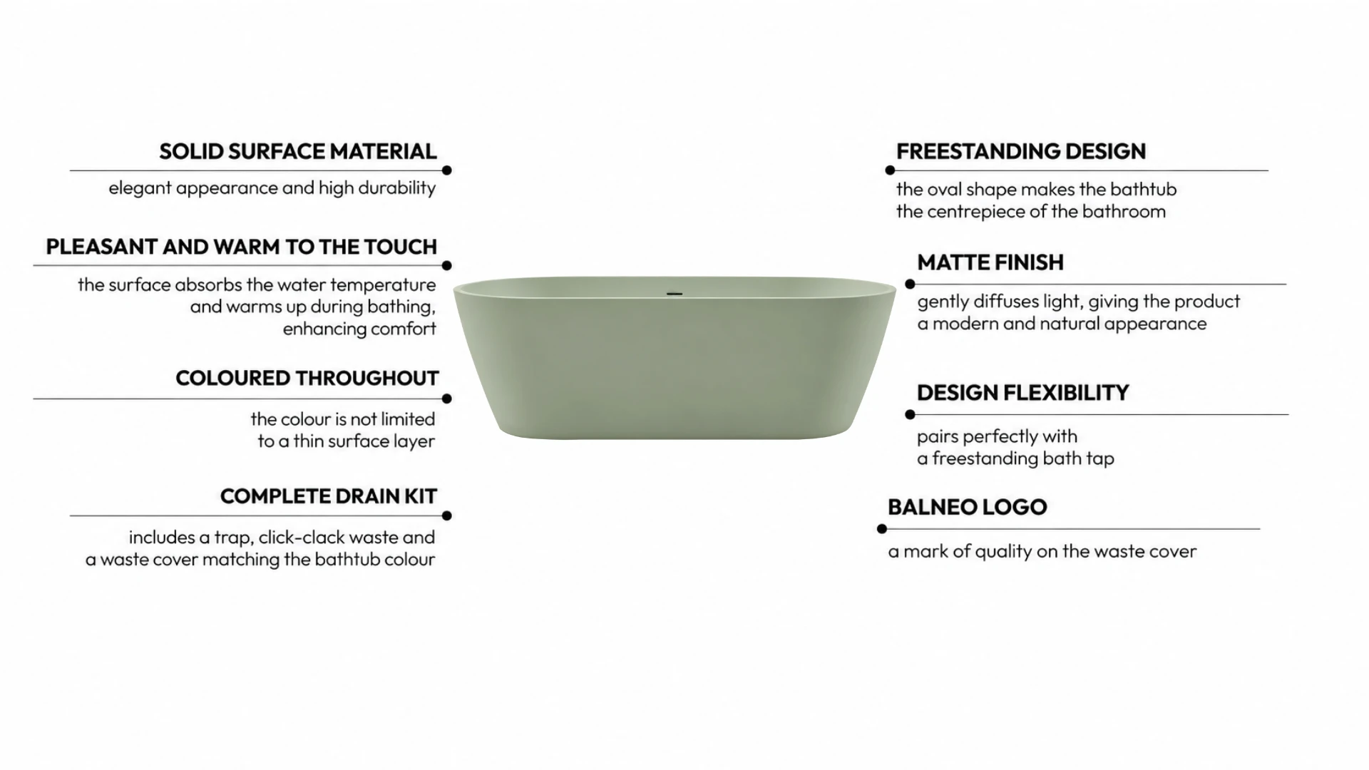 Freestanding bathtub VALIA Solid Surface Pistachio Cream with waste trap and click-clack waste