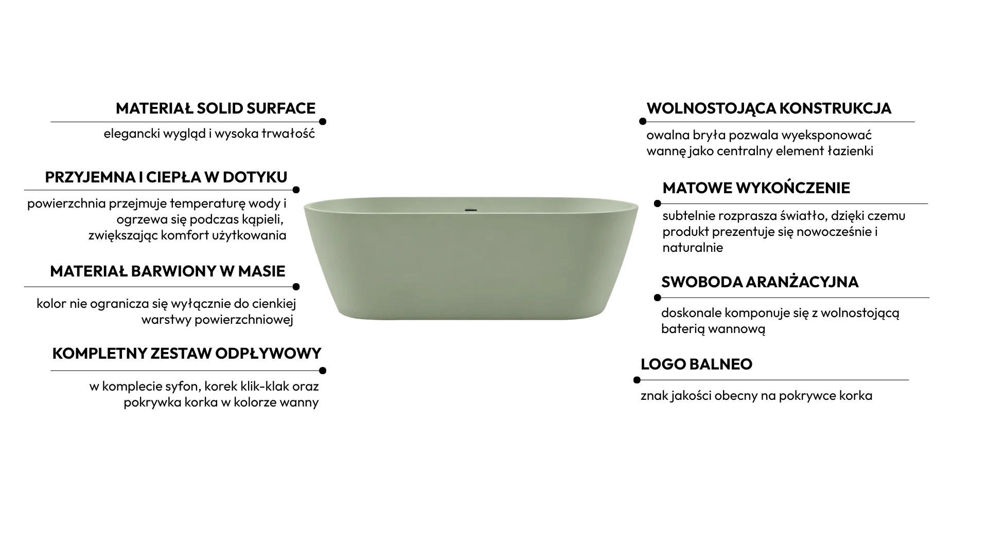 Wanna wolnostojąca VALIA Solid Surface Pistachio Cream z syfonem i korkiem