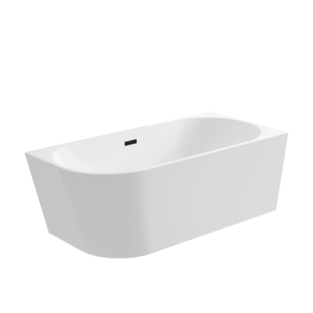 Balneo AVOLA 150 × 75 cm Right-Hand Freestanding Corner Bathtub, White Acrylic with Stainless Steel Frame and 6 Stabilizing Feet, featuring a Black Overflow and Drain Plug