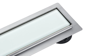 Odpływ liniowy podłogowy Balneo G-Drain Next Milky 60 cm z białym panelem ze szkła hartowanego z niskim syfonem i głębokim osadnikiem