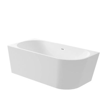Left-Hand Corner Freestanding Balneo AVOLA Bathtub, 150 × 75 cm, White Acrylic with Stainless Steel Frame and 6 Stabilizing Feet, including Overflow and White Plug