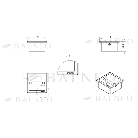 Balneo Wall Box Paper Holder 1 Gun Metal built into a stainless steel wall
