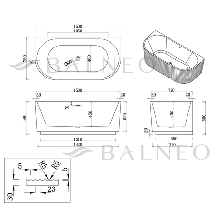 Wanna wolnostojąca przyścienna Balneo VIVA ryflowana 150 x 75 cm biało szara akrylowa z ramą ze stali nierdzewnej i 6 nóżkami stabilizującymi z przelewem i białym korkiem