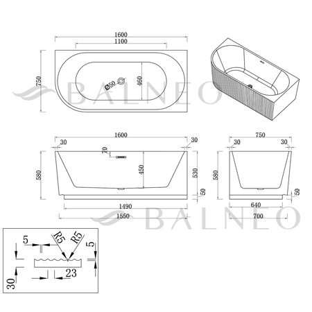Wanna wolnostojąca narożna prawa Balneo AVOLA ryflowana NO RIM 160 x 75 cm biała akrylowa z ramą ze stali nierdzewnej i 6 nóżkami stabilizującymi z przelewem i białym korkiem