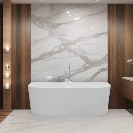 Balneo VIVA wall-mounted freestanding bathtub, white, 150 x 75 cm, acrylic, with stainless steel frame and 6 stabilizing legs, overflow, and white click-clack drain