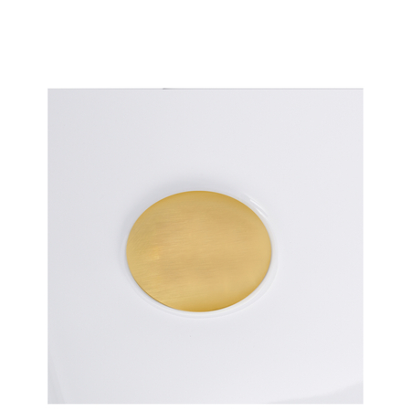 Freestanding left-hand corner bathtub “Balneo AVOLA” 150 × 75 cm, white acrylic, with stainless steel frame and six stabilizing feet, featuring a gold overflow and drain plug.