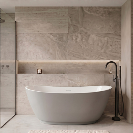 Freestanding bathtub Balneo PARMA NO RIM 170 x 72 cm white grey acrylic with frame made of stainless steel and 6 stabilizing legs with overflow and white plug