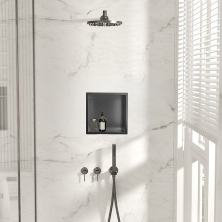 Balneo Wall Box One Gun Metal 30 x 30 x 10 cm Recessed Shelf in Brushed Stainless Steel with Flange