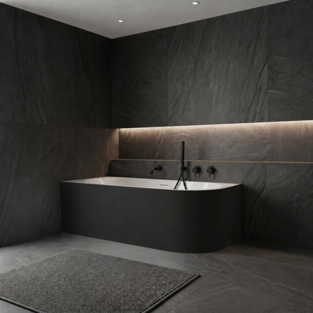 Freestanding bathtub corner left Balneo AVOLA NO RIM 150 x 75 cm white black acrylic with frame made of stainless steel and 6 stabilizing legs with overflow and white plug