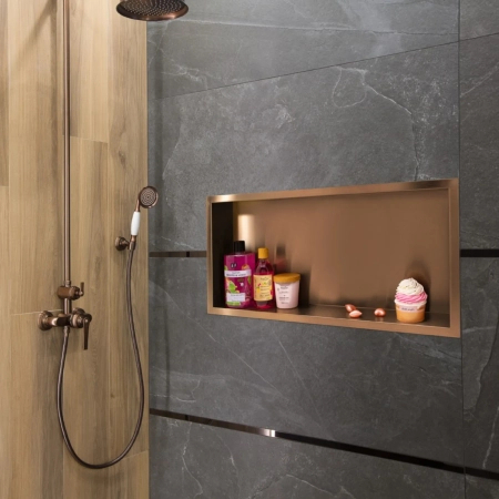 Półka wnękowa Balneo Wall Box One Copper 60 x 30 x 7 cm miedziana ze stali nierdzewnej z kołnierzem