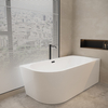 Balneo AVOLA 150 × 75 cm Right-Hand Freestanding Corner Bathtub, White Acrylic with Stainless Steel Frame and 6 Stabilizing Feet, featuring a Black Overflow and Drain Plug