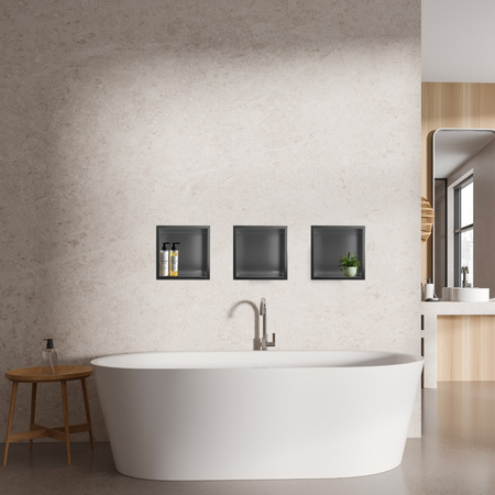 Balneo Wall Box One Recessed Shelf, Gun Metal, 30 x 30 x 7 cm, Brushed Stainless Steel with Flange