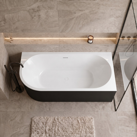 Freestanding bathtub corner right Balneo AVOLA NO RIM 150 x 75 cm white black acrylic with frame made of stainless steel and 6 stabilizing legs with overflow and white plug