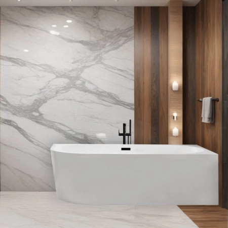 Right corner freestanding bathtub Balneo AVOLA 170 x 80 cm white acrylic with stainless steel frame and 6 stabilizing legs with overflow and black plug