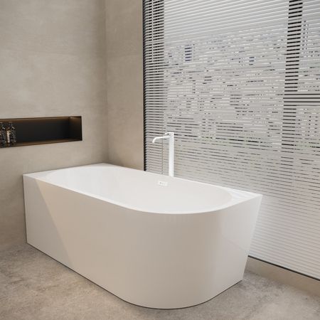 Left corner freestanding bathtub Balneo AVOLA 170 x 80 cm white acrylic with a stainless steel frame and 6 stabilizing legs, featuring a white overflow and drain