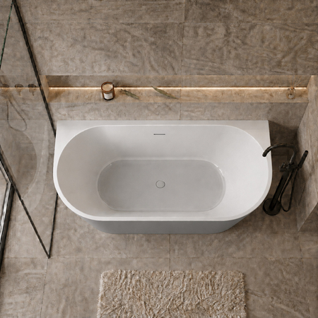 Wanna wolnostojąca przyścienna Balneo VIVA NO RIM 150 x 75 cm biało szara akrylowa z ramą ze stali nierdzewnej i 6 nóżkami stabilizującymi z przelewem i białym korkiem