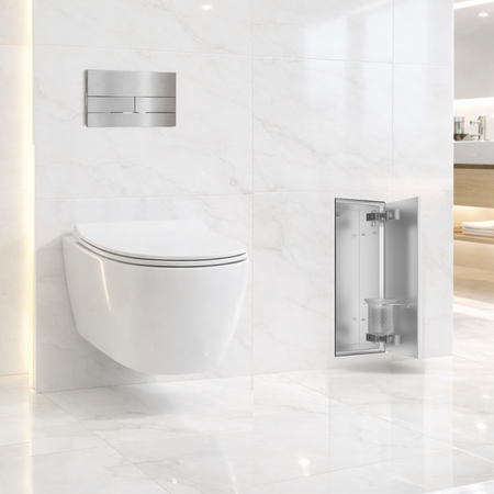 Schowek na szczotkę WC Balneo Wall Box Brush S Tiles prawy do wbudowania w ścianę ze stali nierdzewnej
