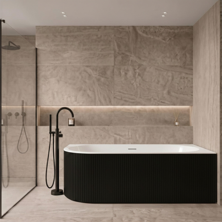 Wanna wolnostojąca narożna prawa Balneo AVOLA ryflowana NO RIM 150 x 75 cm biało czarna akrylowa z ramą ze stali nierdzewnej i 6 nóżkami stabilizującymi z przelewem i białym korkiem