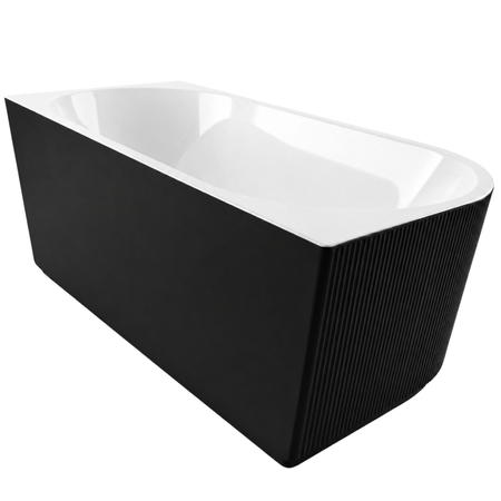 Wanna wolnostojąca narożna prawa Balneo AVOLA ryflowana NO RIM 150 x 75 cm biało czarna akrylowa z ramą ze stali nierdzewnej i 6 nóżkami stabilizującymi z przelewem i białym korkiem