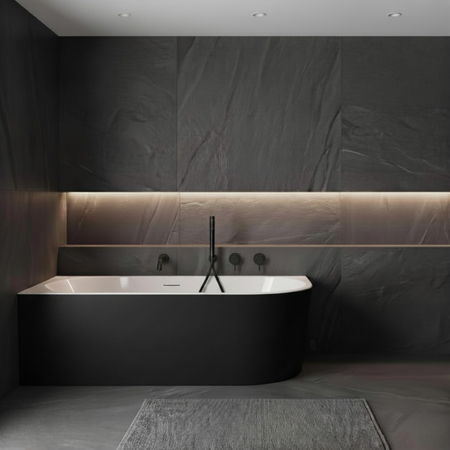 Freestanding bathtub corner left Balneo AVOLA NO RIM 150 x 75 cm white black acrylic with frame made of stainless steel and 6 stabilizing legs with overflow and white plug
