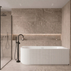Freestanding bathtub corner right Balneo AVOLA fluted NO RIM 170 x 80 cm white acrylic with frame made of stainless steel and 6 stabilizing legs with overflow and white plug