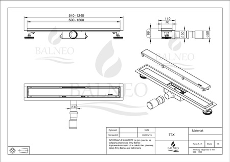 Odpływ liniowy podłogowy Balneo Decor Next Drops 80 cm z panelem dekoracyjnym ze stali nierdzewnej szczotkowanej z niskim syfonem i głębokim osadnikiem