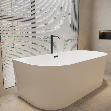 Balneo VIVA wall-mounted freestanding bathtub, white, 160 x 75 cm, acrylic, with stainless steel frame and 6 stabilizing legs, overflow, and black click-clack drain