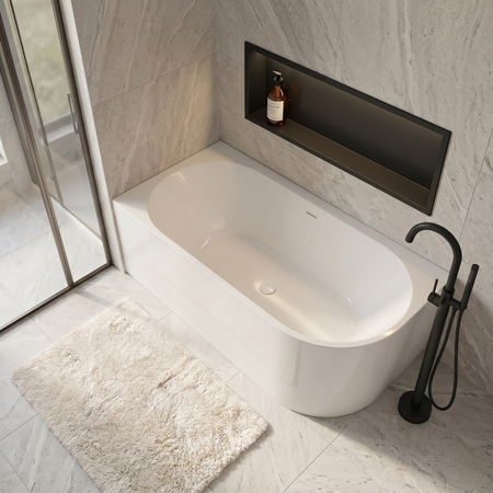 Wanna wolnostojąca narożna lewa Balneo AVOLA NO RIM 150 x 75 cm biała akrylowa z ramą ze stali nierdzewnej i 6 nóżkami stabilizującymi z przelewem i białym korkiem