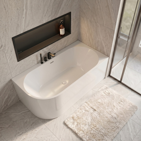 Wanna wolnostojąca narożna prawa Balneo AVOLA PLUS NO RIM 160 x 75 cm biała akrylowa z ramą ze stali nierdzewnej i 6 nóżkami stabilizującymi z przelewem i białym korkiem