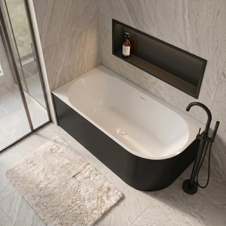 Freestanding bathtub corner left Balneo AVOLA NO RIM 150 x 75 cm white black acrylic with frame made of stainless steel and 6 stabilizing legs with overflow and white plug