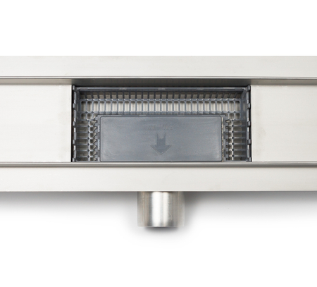 Odpływ liniowy podłogowy Balneo Decor Next Stripes 90 cm z panelem dekoracyjnym ze stali nierdzewnej szczotkowanej z niskim syfonem i głębokim osadnikiem