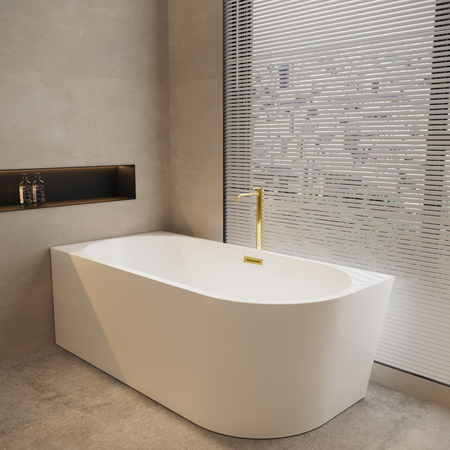 Balneo AVOLA 150 × 75 cm White Acrylic Left-Hand Freestanding Corner Bathtub with Stainless Steel Frame, 6 Stabilizing Feet, Overflow and Mirrored Gold Plug