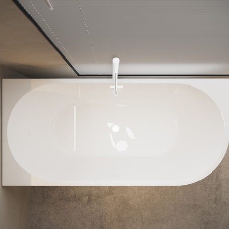 Left corner freestanding bathtub Balneo AVOLA 160 x 80 cm white acrylic with a stainless steel frame and 6 stabilizing legs, featuring a white overflow and drain