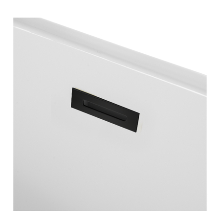 Left-corner freestanding bathtub Balneo AVOLA 150 × 75 cm, white acrylic with stainless steel frame and 6 stabilizing feet, black overflow and plug