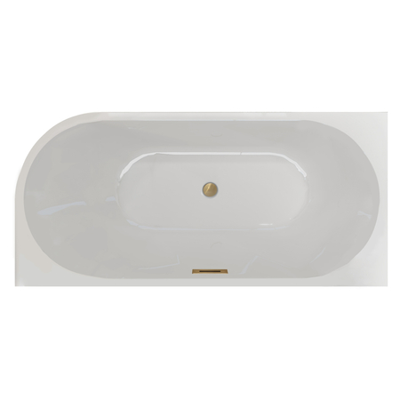 Freestanding left-hand corner bathtub “Balneo AVOLA” 150 × 75 cm, white acrylic, with stainless steel frame and six stabilizing feet, featuring a gold overflow and drain plug.