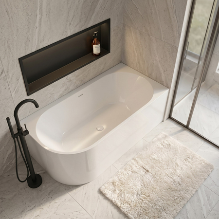 Freestanding bathtub corner right Balneo AVOLA NO RIM 170 x 80 cm white acrylic with frame made of stainless steel and 6 stabilizing legs with overflow and white plug