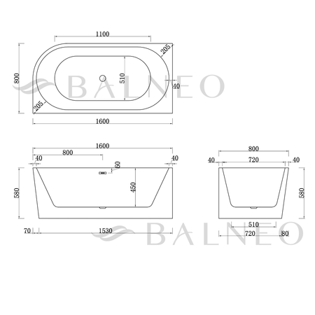 Left Corner Freestanding Bathtub Balneo AVOLA 160 x 80 cm White Acrylic with Stainless Steel Frame and 6 Stabilizing Legs with Overflow and Golden Plug